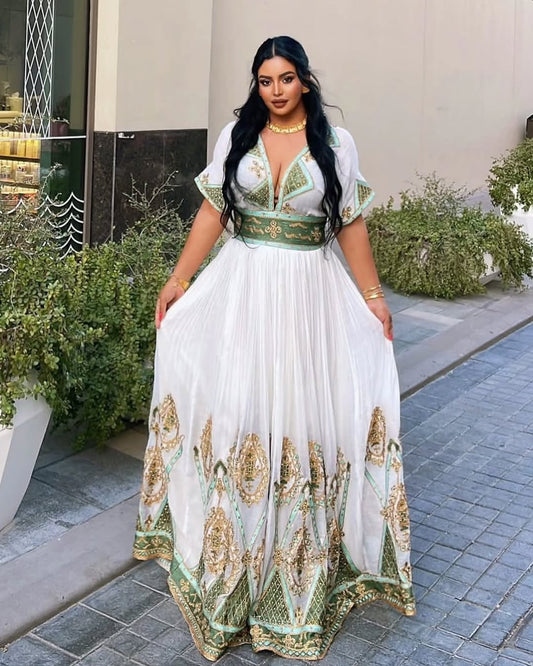 Luxury Emerald Green Habesha Libs: Elegant Embroidered Masterpiece