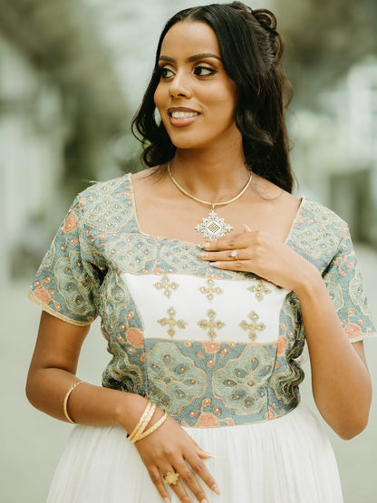 Ethiopian Wedding Dress – Elegant White and green Habesha Dress