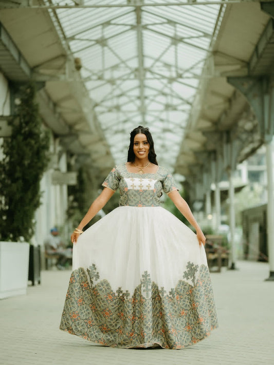 Ethiopian Wedding Dress – Elegant White and green Habesha Dress