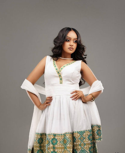 Green Habesha Kemis – Traditional Ethiopian Party Dress with Embroidered Borders