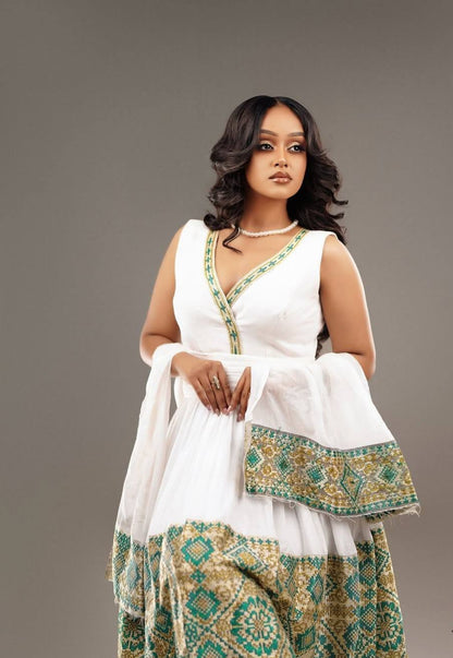 Green Habesha Kemis – Traditional Ethiopian Party Dress with Embroidered Borders