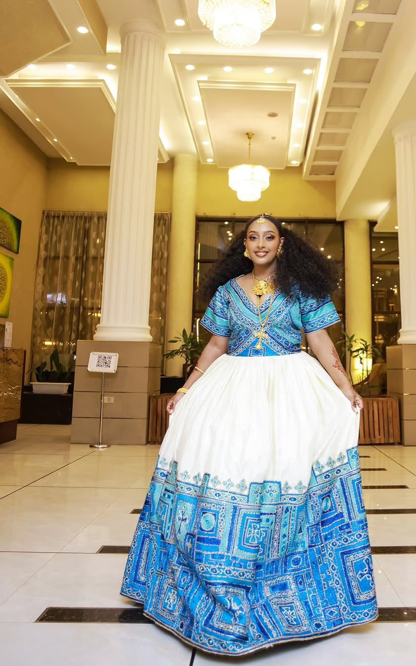 Blue Ethiopian Wedding Dress – Handwoven Habesha Kemis with Traditional Tibeb Detailing