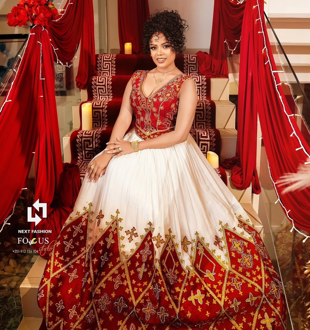 Red Ethiopian Bridal Dress – Modern Habesha Kemis with Gold Embroidery – Habesha  Dresses Store