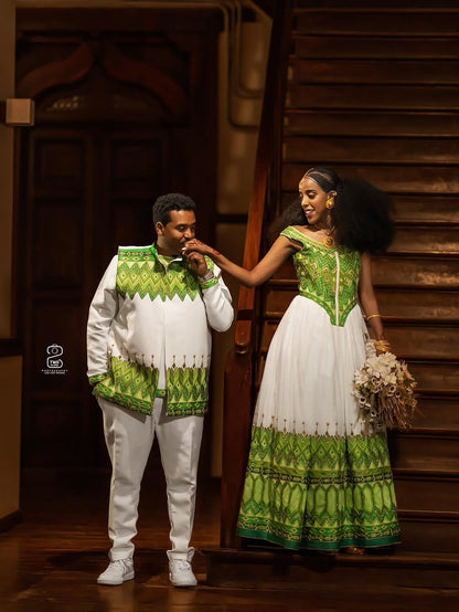 Green Habesha Libs Couple Set – Ethiopian Matching Outfit with Geometric Tilf Kemis and Coordinated Shirt for Melse and Outdoor Weddings