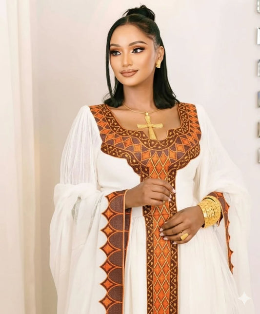 Brown Ethiopian Traditional Dress – Elegant Habesha Outfit with Classic Design for Weddings, Cultural Events, and Special Occasions