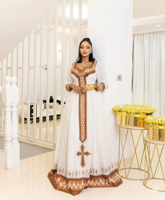 Brown Ethiopian Traditional Dress – Elegant Habesha Outfit with Classic Design for Weddings, Cultural Events, and Special Occasions