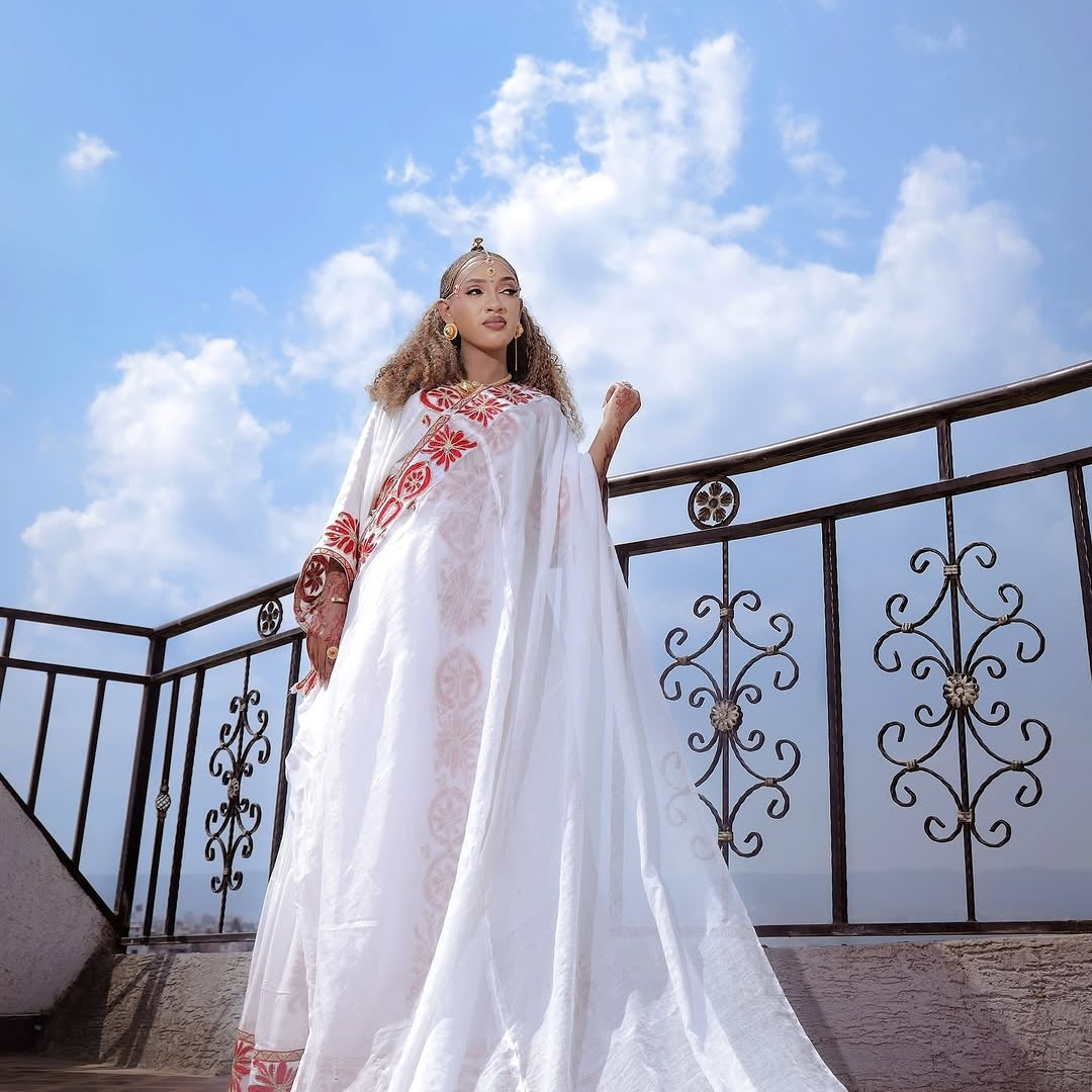 ethiopian modern dress designs Elegant White Ethiopian Dress with Red & Gold Embroidery