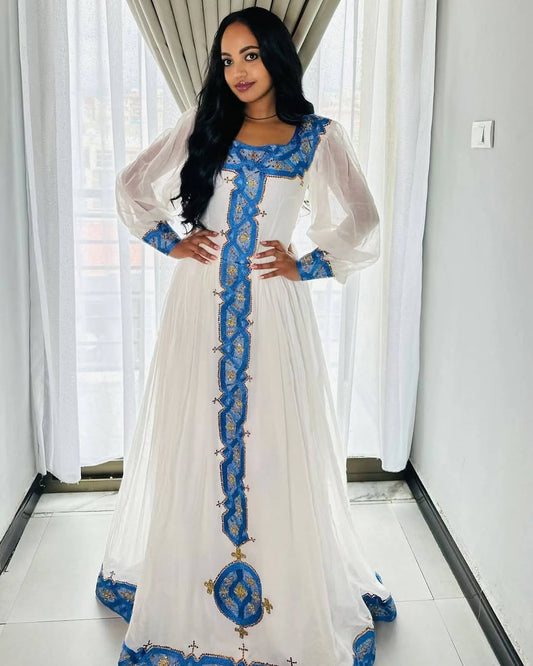 Habesha Dress – Modern Cotton Style with Handwoven Blue Borders for Graduations