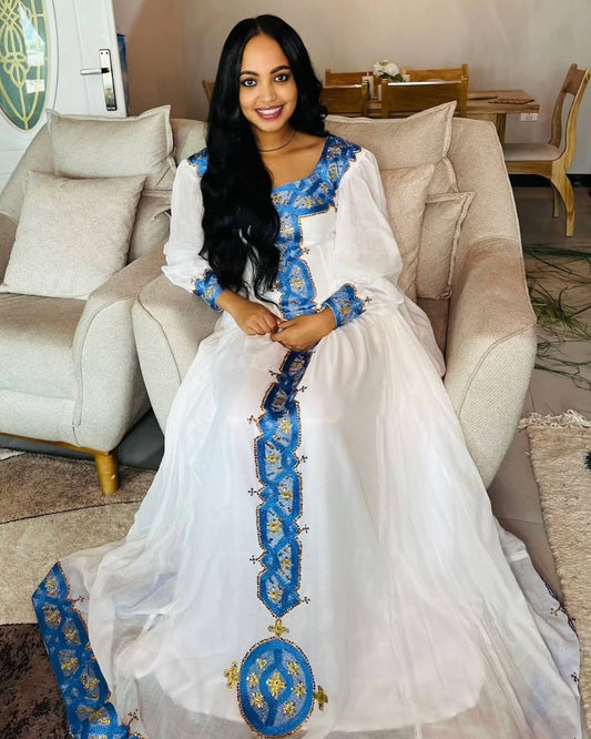 Habesha Dress – Modern Cotton Style with Handwoven Blue Borders for Graduations