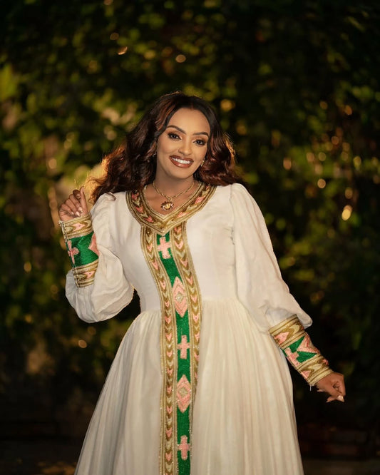 Custom Handwoven Habesha Kemis with green Borders – Ethiopian Traditional Dress