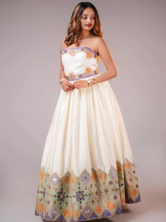 Luxury Cream Habesha Libs with multicolor Accents – Cultural & Holiday Outfit