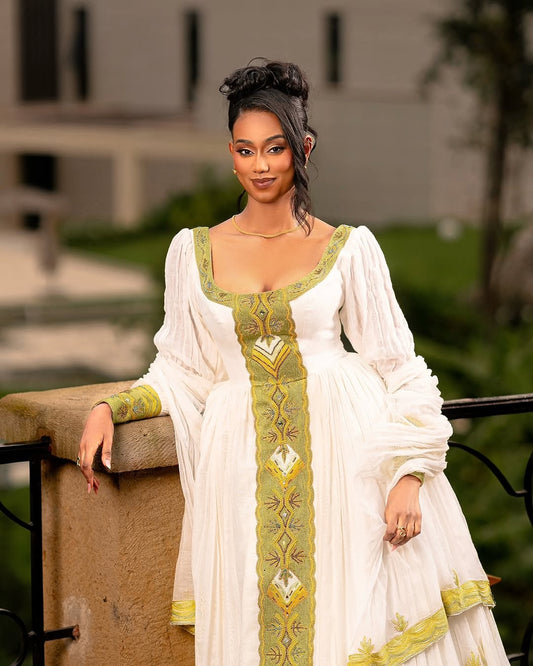 Ethiopian Dress – Traditional White Cotton with Green Borders for Church Ceremonies
