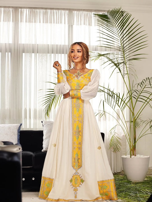 Habesha Dress – White & Gold Embroidered Cotton Kemis for Engagement Parties