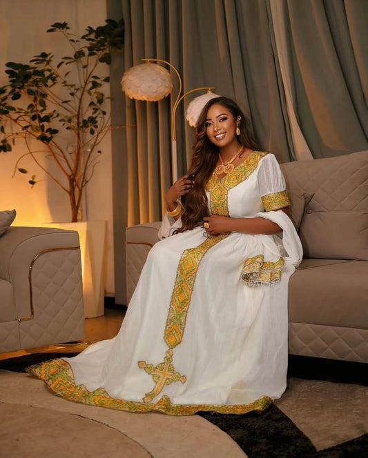 Habesha Dress – White cultural Style with Golden Yellow Borders for Meskel Festival