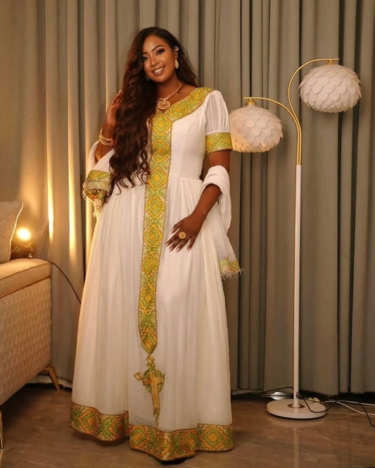 Habesha Dress – White cultural Style with Golden Yellow Borders for Meskel Festival