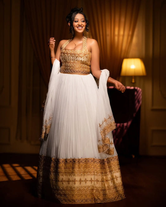 Ethiopian Dress – Authentic White Cotton wedding Kemis with bold Golden Borders
