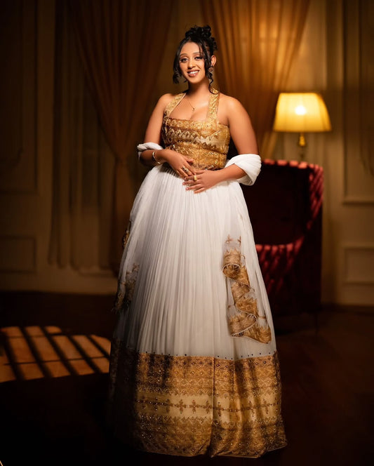 Ethiopian Dress – Authentic White Cotton wedding Kemis with bold Golden Borders