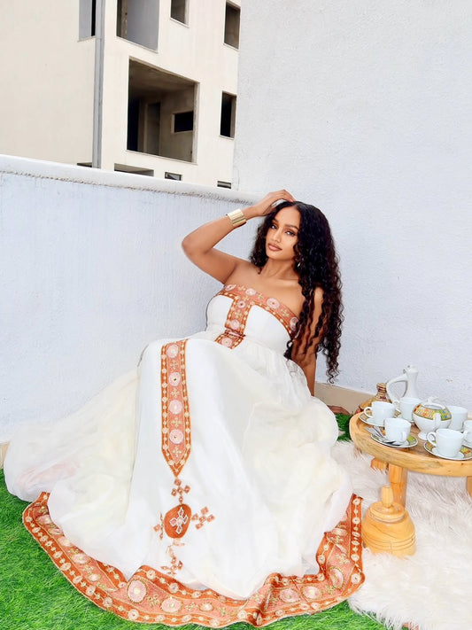 Habesha Dress – Modern Off-Shoulder Style with brown Handwoven Borders