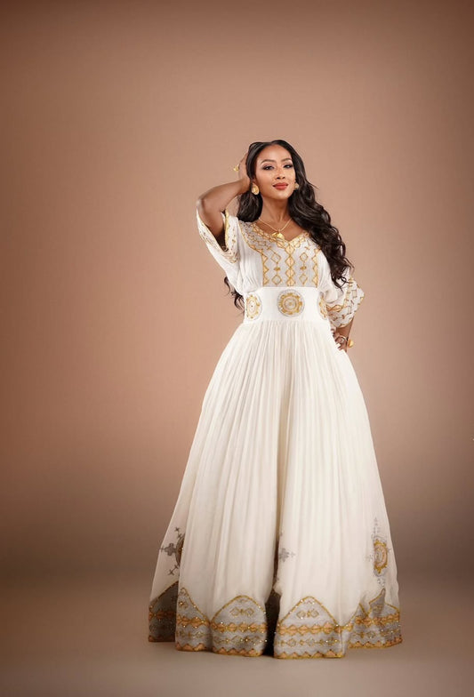 Habesha Dress – White & silver Embroidered Occasional Kemis