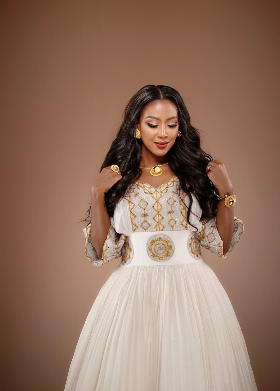 Habesha Dress – White & silver Embroidered Occasional Kemis