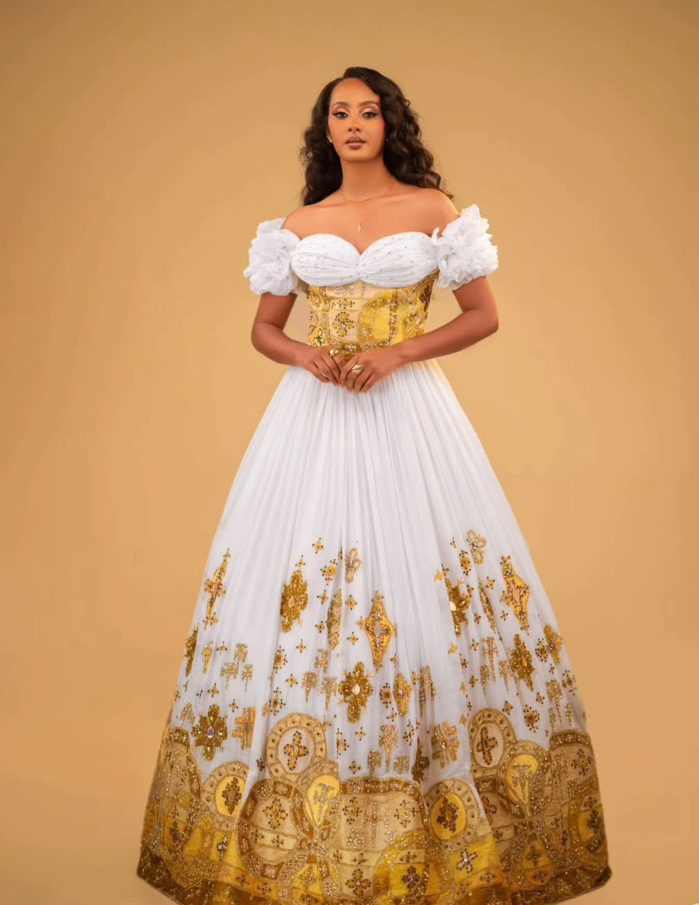 Ethiopian Wedding Dress – Gold and orange Embroidered Habesha Kemis