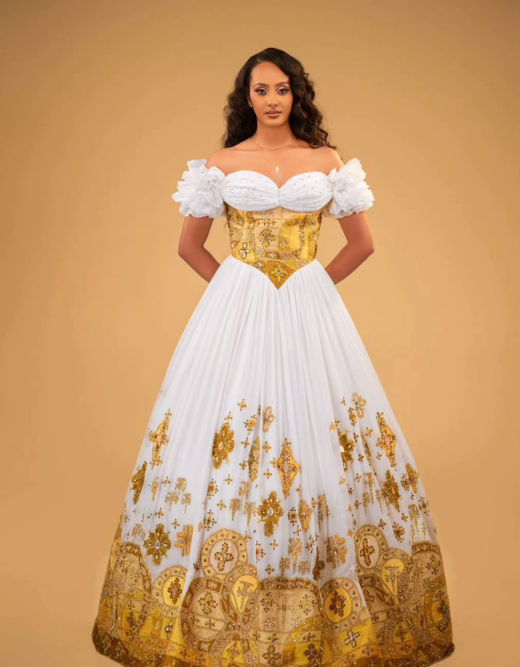 Ethiopian Wedding Dress – Gold and orange Embroidered Habesha Kemis