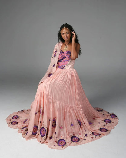 Habesha Libs – Pink Handwoven Dress with Elegant Embroidery (Off Shoulder)