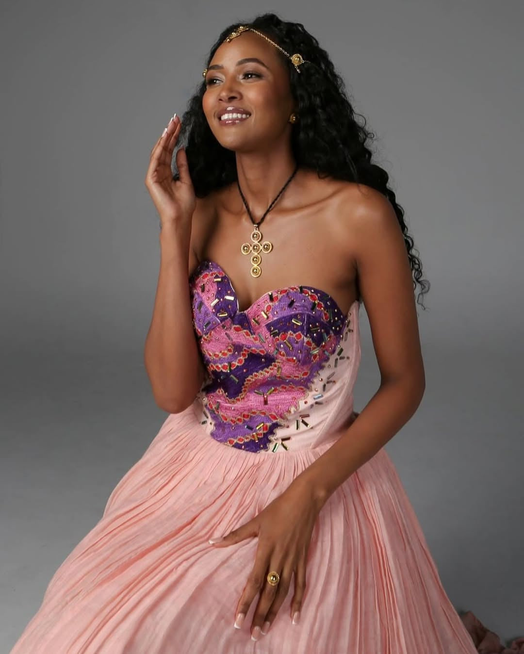 Habesha Libs – Pink Handwoven Dress with Elegant Embroidery (Off Shoulder)