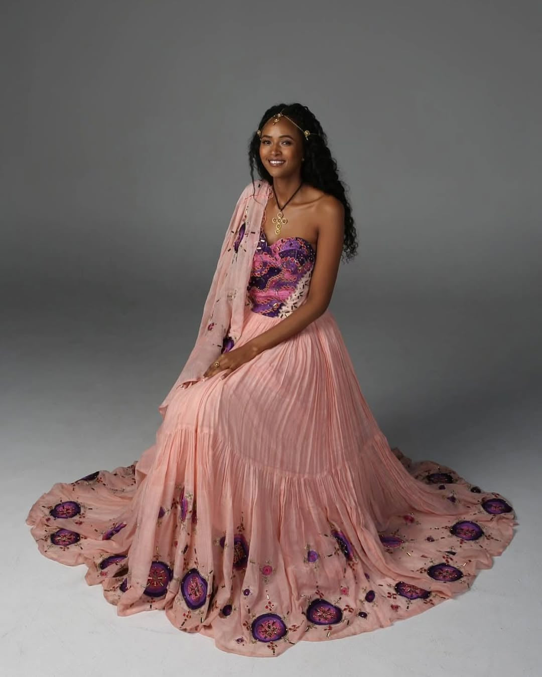 Habesha Libs – Pink Handwoven Dress with Elegant Embroidery (Off Shoulder)