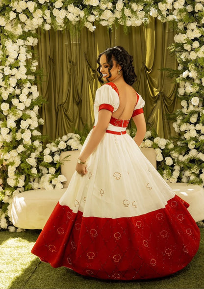 Gold Habesha wedding Dress – Ethiopian Bridal Outfit with Cultural Tibeb