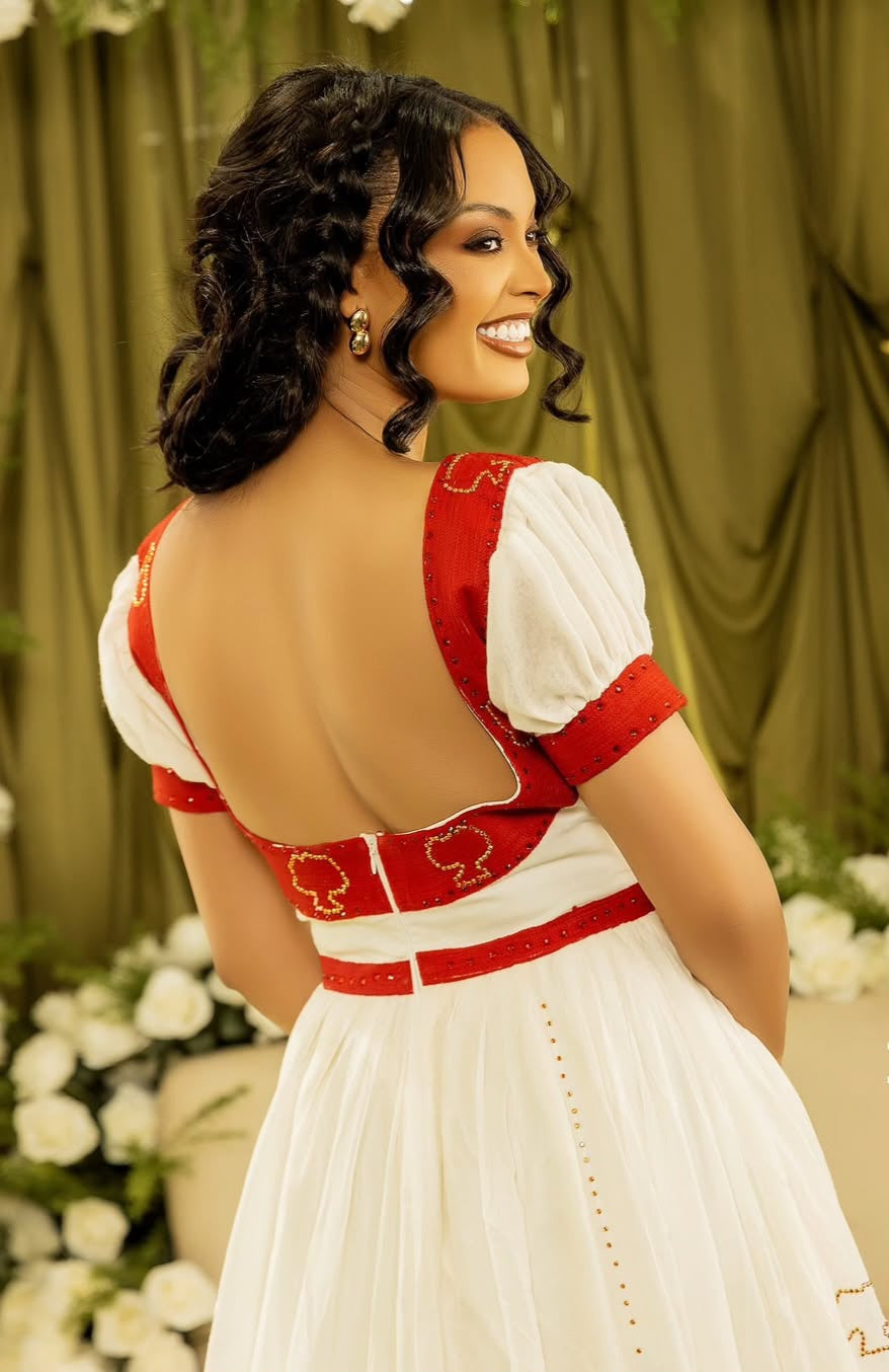 Gold Habesha wedding Dress – Ethiopian Bridal Outfit with Cultural Tibeb