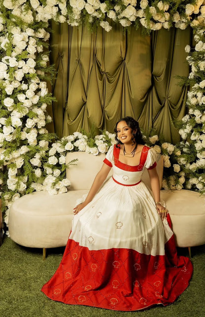 Gold Habesha wedding Dress – Ethiopian Bridal Outfit with Cultural Tibeb