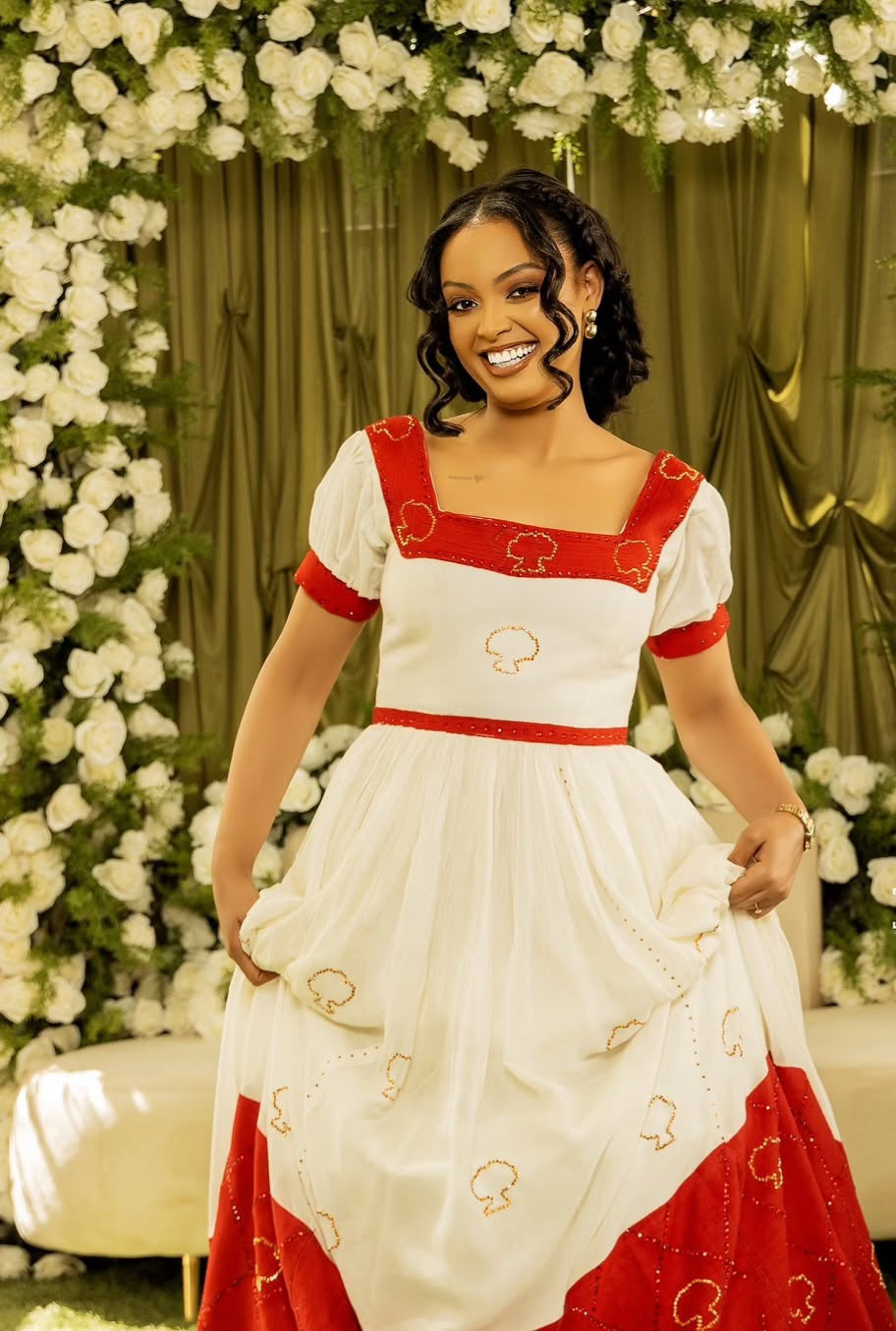 Gold Habesha wedding Dress – Ethiopian Bridal Outfit with Cultural Tibeb