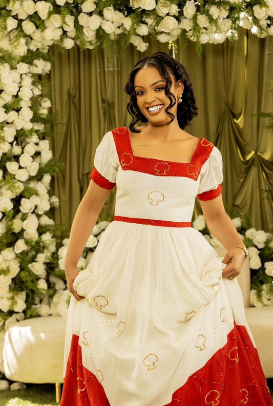 Gold Habesha wedding Dress – Ethiopian Bridal Outfit with Cultural Tibeb