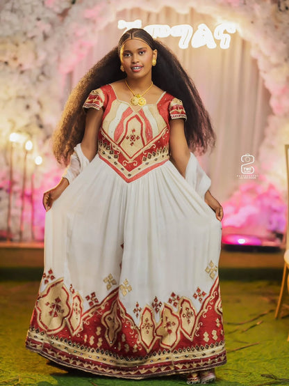 Pure White and Red Habesha Wedding Dress – Wide Tibeb Border & Matching Netela
