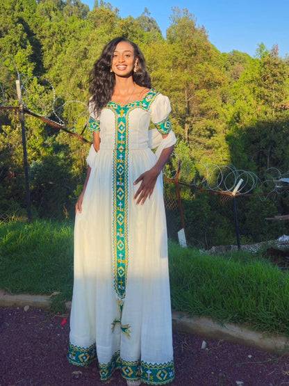 Green Ethiopian Traditional Clothing with Habesha Embroidery for Graduation