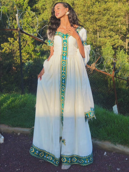 Green Ethiopian Traditional Clothing with Habesha Embroidery for Graduation