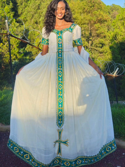 Green Ethiopian Traditional Clothing with Habesha Embroidery for Graduation