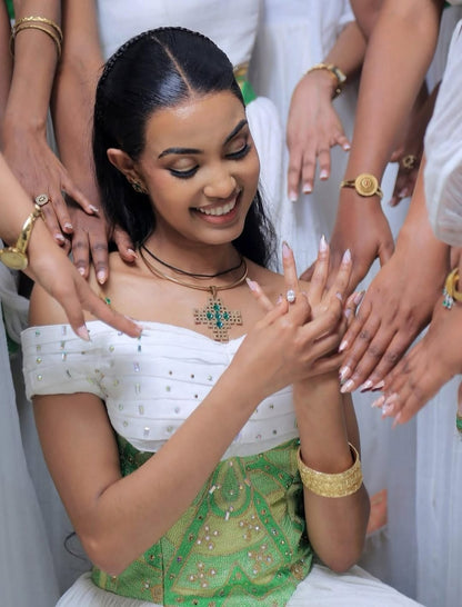 Green Habesha Kemis – Hand-Embroidered Traditional Wedding Dress for Mels & Engagements
