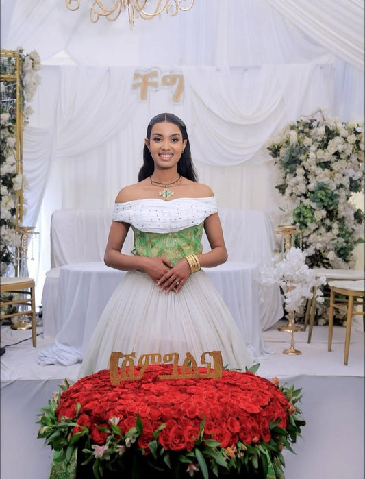 Green Habesha Kemis – Hand-Embroidered Traditional Wedding Dress for Mels & Engagements
