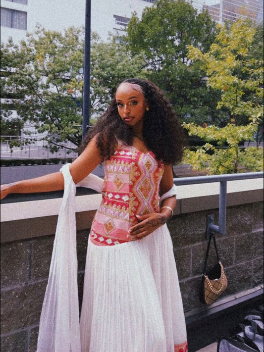 Women’s Pink Pure Shemma Habesha Kemis | Traditional Wedding Wear with Tibeb