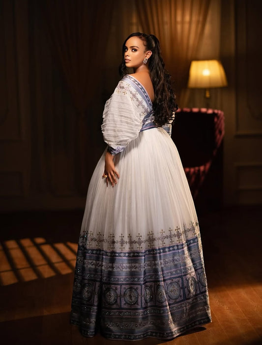 Blue Habesha Libs – Handwoven Cotton Ethiopian Wedding Dress