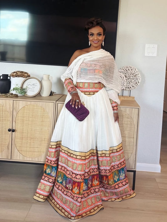 ነጭ ባህላዊ የኢትዮጵያ ልብስ | ትክክለኛ በእጅ የተሰራ ሐበሻ ልብስ