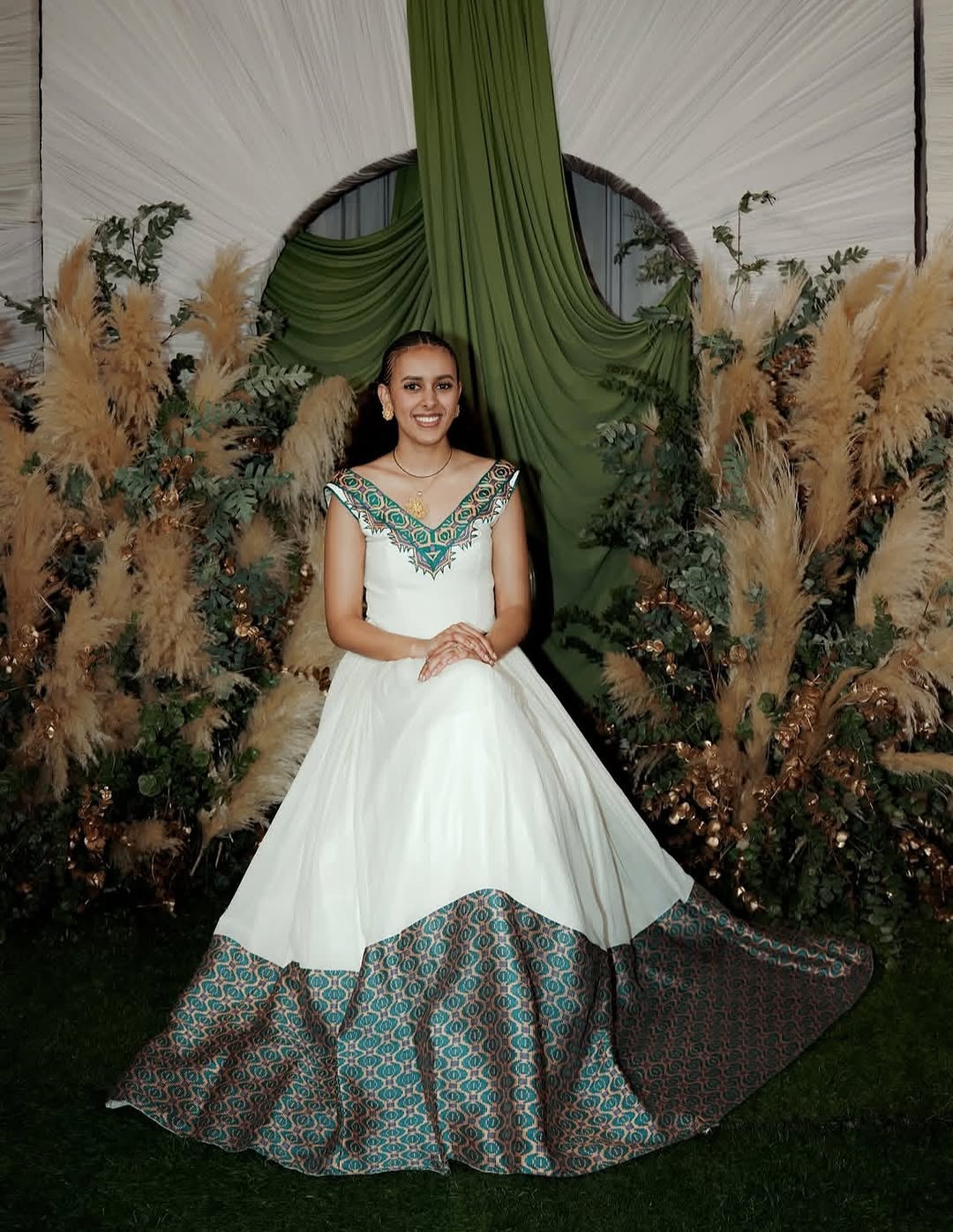 Habesha Dress – White Cotton with Bold teal Borders for Engagement Dinners