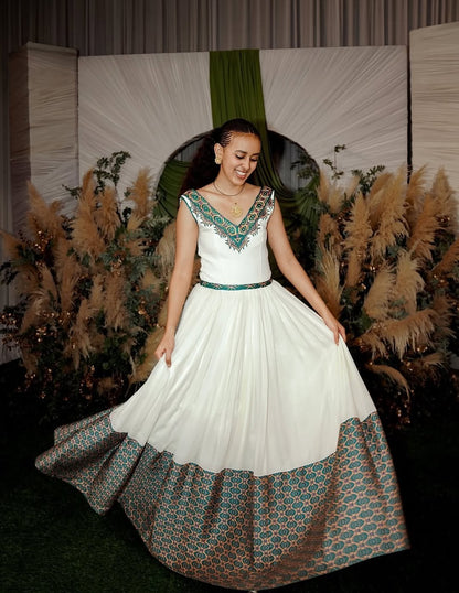 Habesha Dress – White Cotton with Bold teal Borders for Engagement Dinners