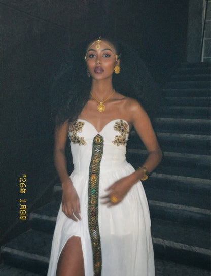 Luxury Ethiopia Traditional Dress – Off-the-Shoulder Habesha Dress with Gold Embroidery and Center Border