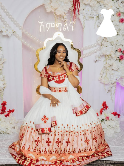 Woman in a red and white  Matching Habesha Outfit with floral decorations and a decorative arch.