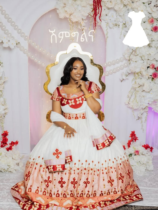 Woman in a red and white  Matching Habesha Outfit with floral decorations in the background