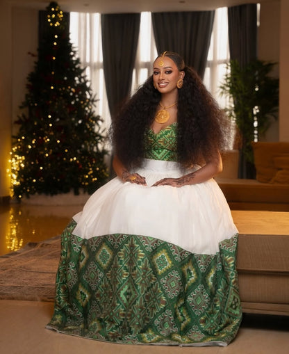 Green Habesha Kemis – Graceful wide tibeb Ethiopian Traditional Dress for Elegant Wedding Guests