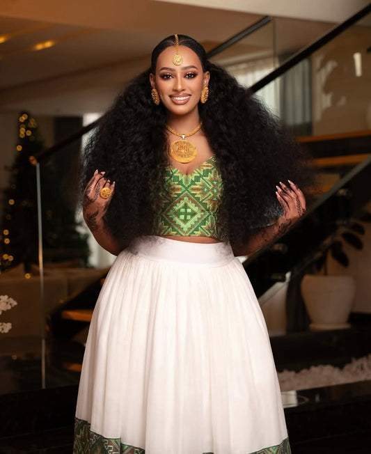 Green Habesha Kemis – Graceful wide tibeb Ethiopian Traditional Dress for Elegant Wedding Guests